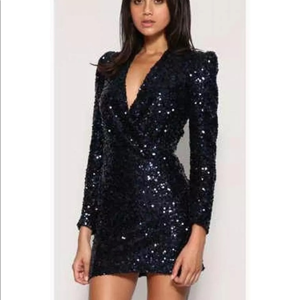 French Connection Iconic Samantha sequin Long Sleeve dark navy dress sz 2